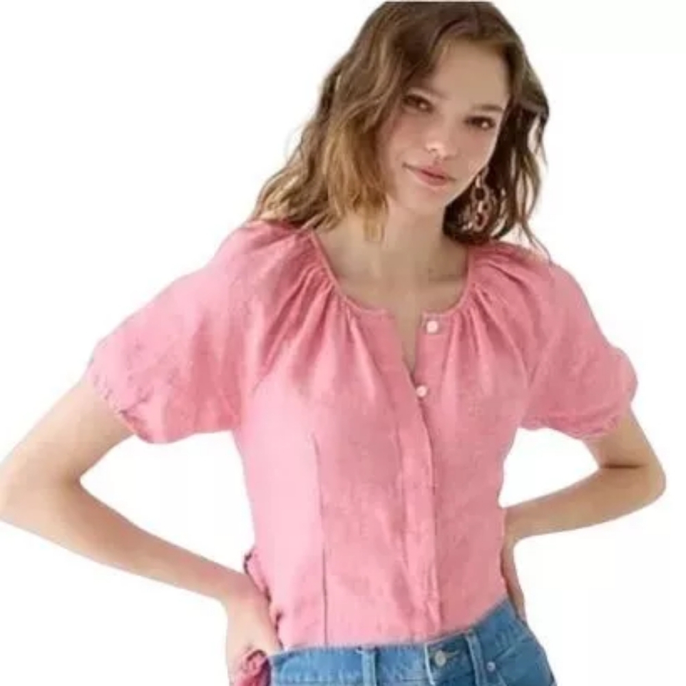 J Crew V-back Linen Top Blouse Pink Puff Short Sleeves Back Tie Button Front- 14